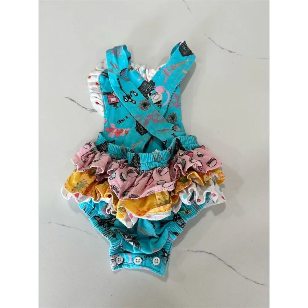 Jelly the Pug Baby Girl Blue Paris Theme Ruffled Romper‎ Sleeveless 6 mos Baby